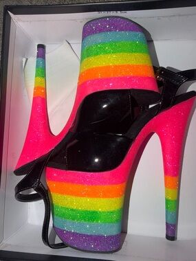 Pleaser Rainbow Glitter Platform Heels with Black Patent Accents